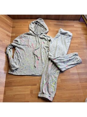 Rock candy multi color paint splatter pattern hooded sweatsuit girls med gray